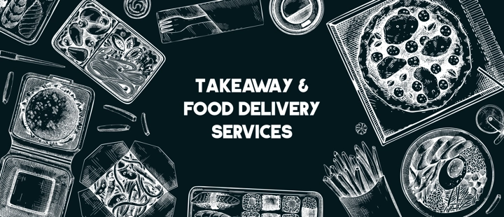 Takeaway and food delivery frame. Hand drawn vector illustration on chalkboard. Takeout food in paper box, fast food menu design. Pizza, burger, coffee, noodles, poke, sushi sketch